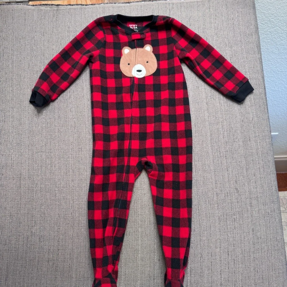 Carters Toddler 3T Red Black Buffalo Plaid Bear Fleece Footed Pajamas Sleeper